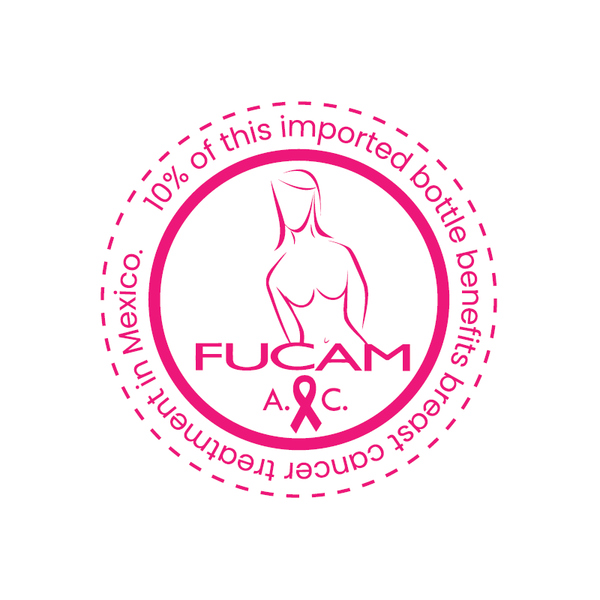 FUCAM badge. 10% donated to breast cancer treatment in Mexico.