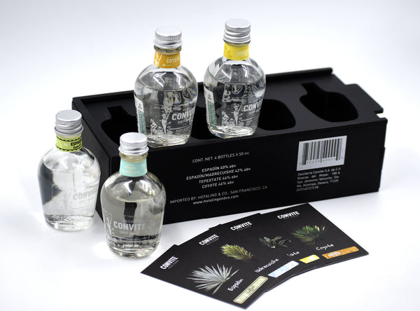 Mezcal mini tasting kit: 4 bottles, black box, and 4 agave info cards