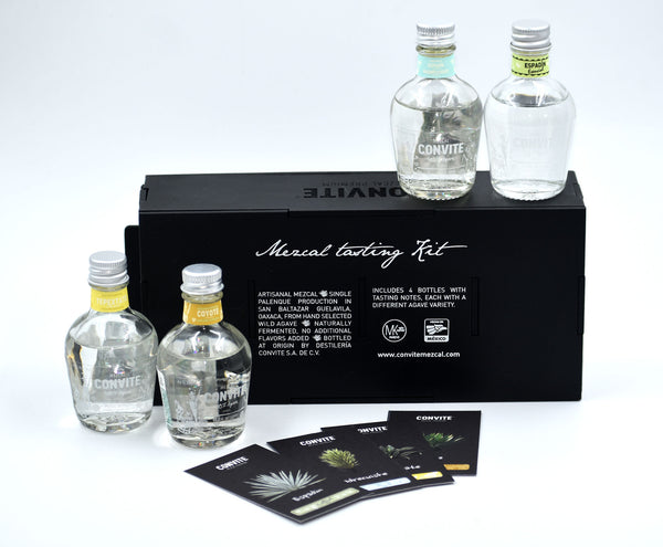 Mezcal mini tasting kit: 4 bottles, black box, and 4 agave info cards